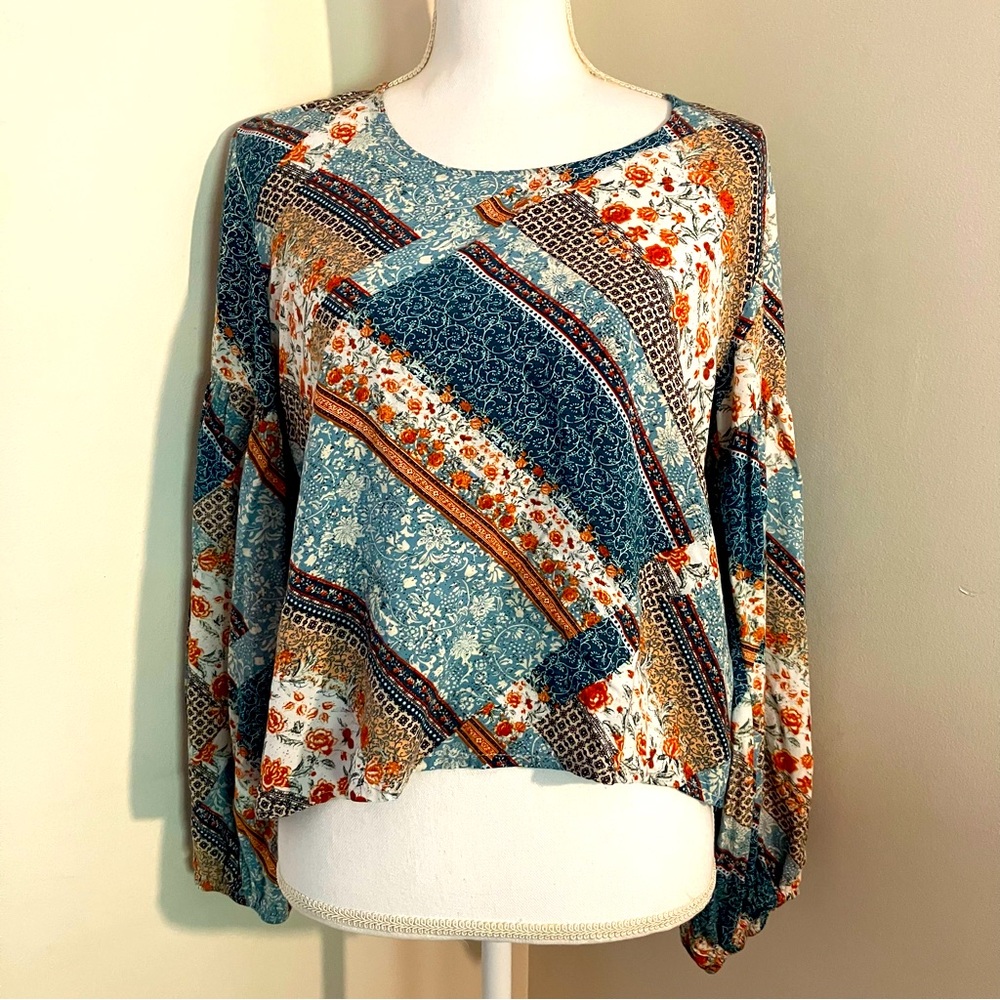 Jaase Handshaped in the Shed colorful floral/paisley balloon sleeve blouse, L